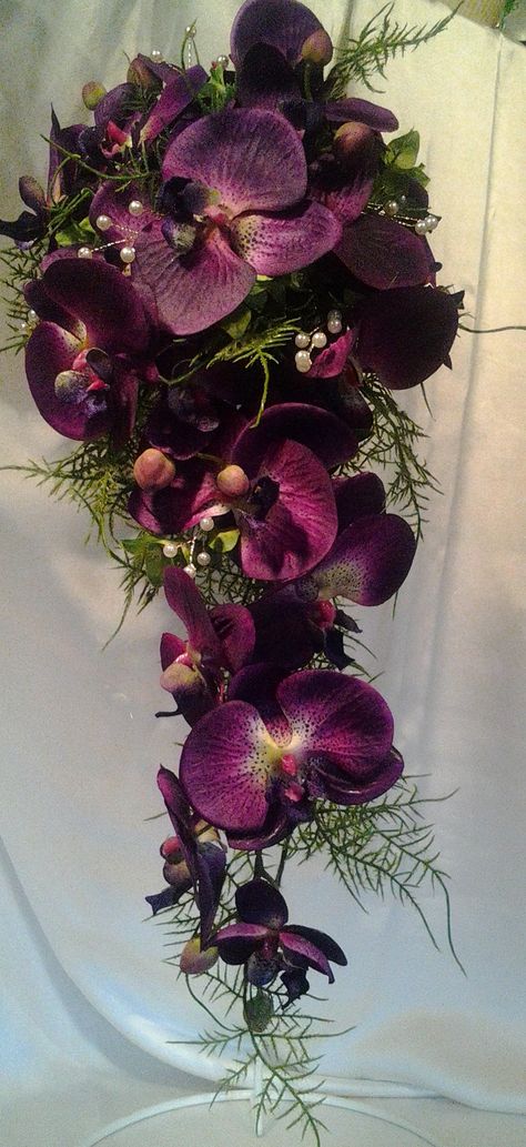 Beautiful silk purple Orchid shower bouquet Shower Bouquet Wedding, Orquid Bouquet, Wedding Bouquets Dark, White And Purple Bouquet, Dark Purple Bouquet, Orchid Flower Bouquet, Wedding Arch With Orchids, Dark Purple Flowers Bouquet, Orchids Wedding