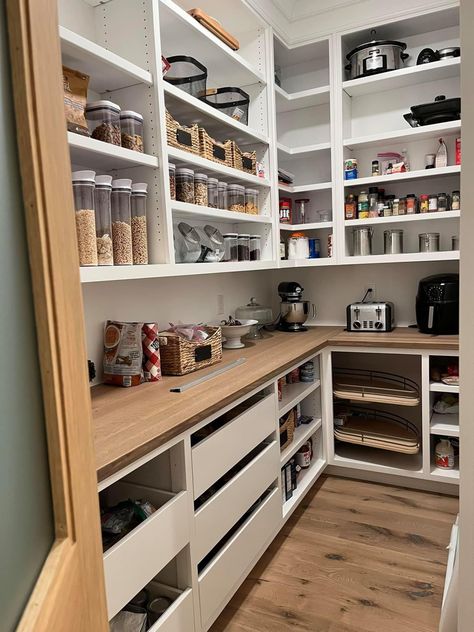 Unique Pantry Storage, Butlers Pantry With Window And Sink, Pantry Design Measurements, Laundry Room Storage Room Combo, Food Pantry Cabinet Ideas, Pantry Build Out, Minimalist Pantry Design, Bedroom To Pantry Conversion, Walk In Pantry With Coffee Bar