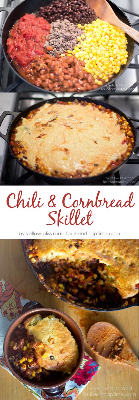 Chili and Cornbread Skillet on iheartnaptime.com ...the perfect dinner recipe for fall! YUM! Cornbread Skillet, Recipe For Fall, Chili And Cornbread, Iron Skillet Recipes, Easy Skillet, Cast Iron Skillet Recipes, Venison Recipes, Cast Iron Recipes, Perfect Dinner