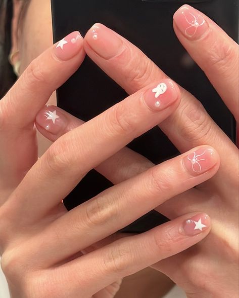 Cute Short Korean Nails, Nail Designs For Short Bitten Nails, Short Nail Inspo Korean, Cute Nail Inspo Short Easy, Korean Short Nails Design, Miffy Nails Simple, Miffy Nails Short, Korean Simple Nails, Douyin Short Nails