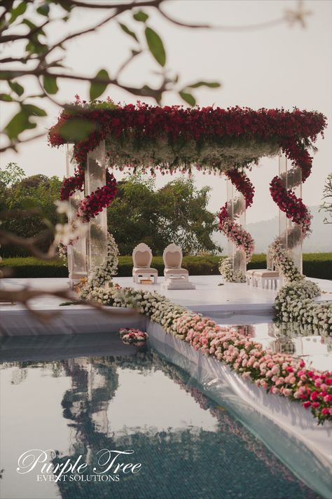 Pool Mandap Decor, Poolside Mandap Decor, Gujju Wedding, Vidhi Mandap Indian Weddings, Floating Mandap, Acrylic Mandap, Hindu Wedding Stage, Purple Wedding Backdrop, Wedding Chori