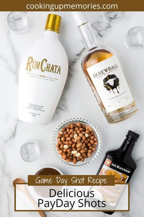 Enjoy this indulgent shot with friends and family at your next party. It comes together with Screwball Peanut Butter Whiskey, Butterscotch Schnapps and RumChata. Absolutely delicious with the salted peanut caramel rim! Payday Shot Recipe, Shot With Friends, Payday Candy, Cherry Whiskey, Payday Candy Bar, Peanut Butter Whiskey, Bar Shots, Whiskey Recipes, Food For Special Event