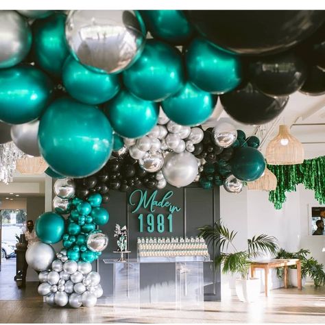 Prop and Event Hire Melboune on Instagram: “Made in 1981 . Styled by @my.love.of Ghost table and risers by @arden_events Desserts @chantalpatisserie Balloons by…” Party Color Schemes, Birthday Balloon Garland, Decorating Business, Balloon Ceiling, 30th Birthday Decorations, Men Party, Balloon Installation, 70th Birthday Parties, Event Backdrop