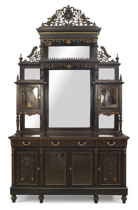 English ebonized cupboard cabinet Mirror Cupboard, Antique Homes, Victorian Cabinet, English Aesthetic, Narrow Storage Cabinet, French Baroque, Rococo Art, Guest Bedroom Design, Victorian Life