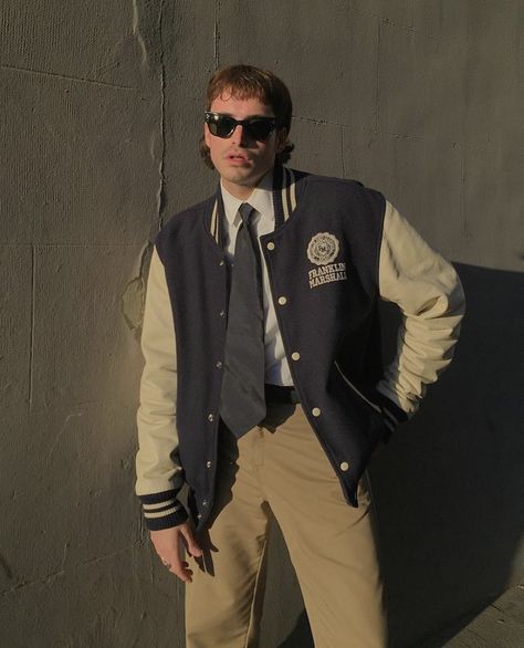 Varsity Jacket Outfit Mens, Neck Tie Outfit, Tie Outfits Men, Varsity Outfit, Outfit With Tie, Varsity Jacket Outfit, Tie Outfit, Preppy Men, American Casual