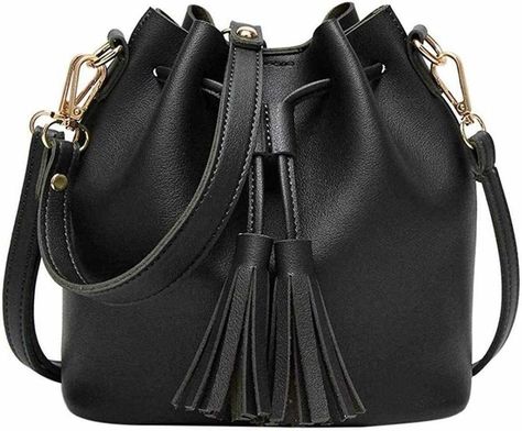 Kanpola Fashion Women Leather Handbag Crossbody Shoulder Messenger Tassels Bucket Bag Black Ethereal Elegance, Collection Ideas, Drawstring Purse, Lv Bags, Mini Bucket Bags, Drawstring Bucket Bag, Leather Handbags Crossbody, Tassel Bag, Leather Bucket Bag