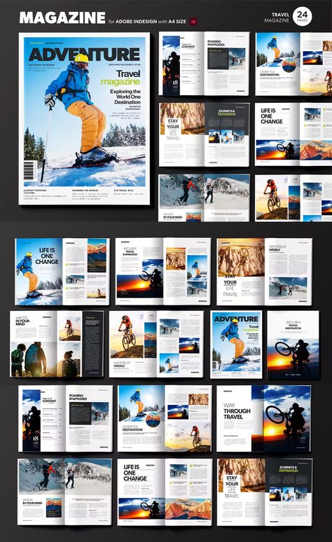 Travel Magazine Template InDesign INDD Magazine Travel Design, Travel Magazine Cover Design, Magazine Layout Design Creative, Traveling Magazine, Magazine Template Layout, Layout Design Magazine, Travel Magazine Cover, Travel Magazine Design, Digital Magazine Design