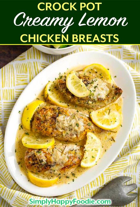 Crock Pot Creamy Lemon Chicken Breasts | Simply Happy Foodie Creamy Lemon Chicken Crockpot, Slow Cooker Chicken Breast, Lemon Chicken Breast Recipes, Chicken Breast Recipes Slow Cooker, Slow Cooker Lemon Chicken, Chicken With Pasta, Lemony Chicken, Chicken Breast Slow Cooker, Chicken Breasts Recipe