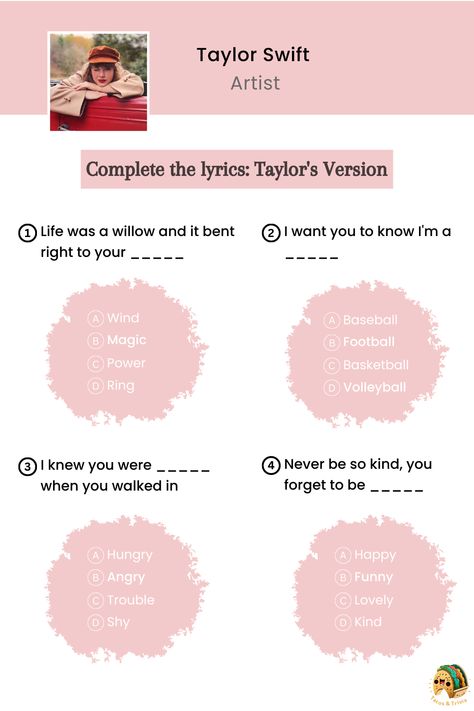 Let’s see how much the ‘Swifties’ know about her with this fun Taylor Swift trivia about her life, career, and music! Taylor Swift Trivia Game, Taylor Swift Trivia Questions, Taylor Swift Trivia Printable, Taylor Swift Activities For Kids, Taylor Swift Questions, Taylor Swift Games Ideas, Taylor Swift Birthday Games, Free Taylor Swift Printables, Taylor Swift Party Games