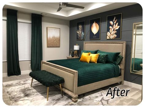 Emerald Green Room Ideas Bedroom Aesthetic, Green Black Gold Bedroom Ideas, Shades Of Green Bedroom Ideas, Emerald Green Bedding Decorating Ideas, Gold And Green Bedroom Ideas, Hunter Green Bedroom Ideas, Emerald And Gold Bedroom, Green Black And Gold Bedroom, Emerald Green Black And Gold Bedroom