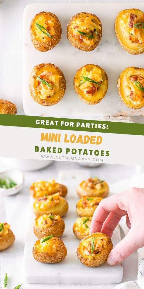 These mini loaded baked potatoes are the perfect serving of creamy twice baked small potatoes, stuffed with butter, sour cream, melty cheese, and chives. Twice Baked Potato Butter Balls, Baked Small Potatoes, Tiny Potato Recipes, Mini Potato Recipe, Potato Poppers, Best Baked Sweet Potato, Potatoes Stuffed, Tailgate Party Food, Potato Appetizers