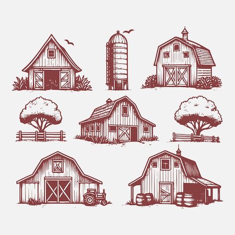 Hand Drawn Farm Barns and Trees Sketch Illustrations How To Draw A Farm, Barn Tattoo, Farmhouse Drawing, Farmhouse Illustration, Farm Sketch, Farming Art, Barn Illustration, Trees Sketch, Farm Drawing