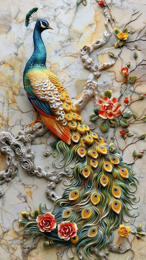 Wall Murals Painted Diy, Wedding Background Wallpaper, 3d Relief Art, Mural Art Design, House Balcony, Peacock Wall Art, Clay Wall Art, Wall Murals Painted, Peacock Art