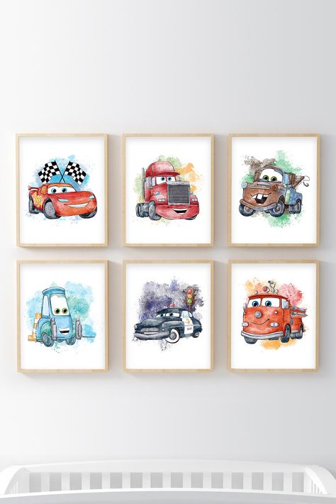 Cars Movie Boy Room Wall Art Cars Playroom Ideas, Cars And Trucks Nursery Theme, Cars Theme Room Boys Disney, Lightning Mcqueen Nursery, Cars Baby Nursery, Cars Themed Room Boys, Cars Theme Room Boys, Cars Toddler Bedroom, Pixar Cars Nursery