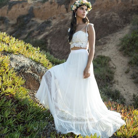 A boho Lace bridal skirt, Beach wedding for an adventurous trendy and hip bride, An alternative wedding dress, White lace wedding skirt in a bohemian style. Dress any woman in a gorgeous, elegant white outfit and watch her change into a beautiful bride. For the trendy brides who want to wear a cool and trendy wedding separates and for those who are looking for something stunning, unique and elegant. This white wedding skirt is perfect for a boho bride. When celebrating your beautiful Destination Bridal Two Piece, Rococo Wedding, Bridal Crop Top, Bridal Bodysuit, Boho Lace Top, Alternative Wedding Dress, Popular Wedding Dresses, Wedding Dress White, Two Piece Wedding Dress