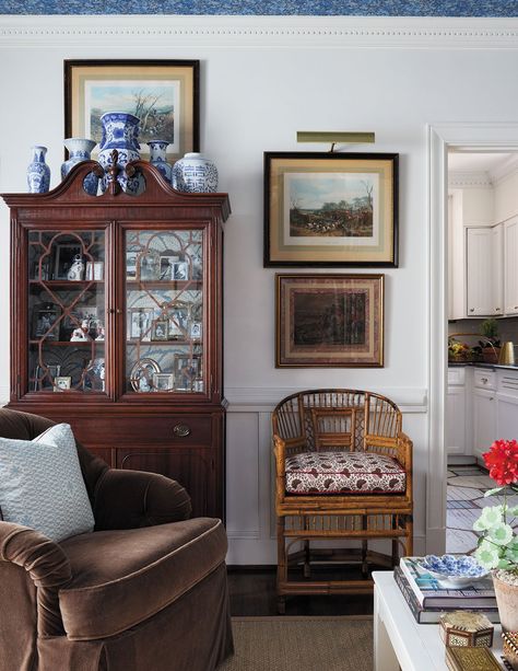 The Inveterate Collector Walnut Furniture Living Room, Armoire Decor, Living Room Hutch, Traditional Eclectic, Georgian Interiors, Southern Traditional, Southern Decor, Dining Room Blue, American Interior