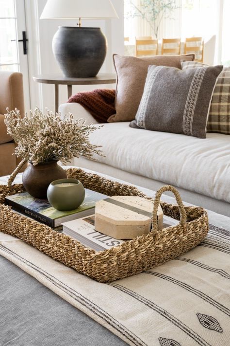 Studio Mcgee Living Room Ottomans, Studio Mcgee Ottoman Styling, Studio Mcgee Pillow Styling, Decorating An Ottoman, Studio Mcgee Living Room Ideas, Ottoman Styling Living Room, Styling Ottoman, Tray Styling Living Room, Ottoman Decor Living Room Tray