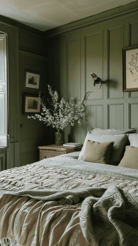 Dark Grey Bed Green Wall, Limewash Green Bedroom, Green Cottage Bedroom, Bedroom Green Accent Wallpaper Industrial, Master Green Bedroom Ideas, Bedroom With Grey Headboard, Bedroom Panneling Sage Green, Green Cottage, Holiday Stories