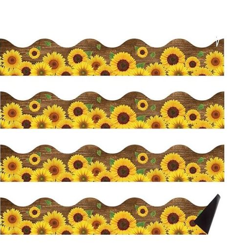 Summer Decorations Designs: the summer bulletin board trim is designed with sunflower elements, you can see the blooming sunflowers and wood grain printed into yellow and brown colors, which is full of life and vitality; The sunflower themed design will remind you of nature, spring, and autumn, harvest; Apart from this, the sunflower garland classroom decor border is magnetic and easy to use Sunflower Border Design, Sunflower Bulletin Board, Sunflower Classroom, Sunflower Border, Sunflower Garland, School Classroom Decor, Sunflower Designs, Blooming Sunflower, Summer Bulletin Boards