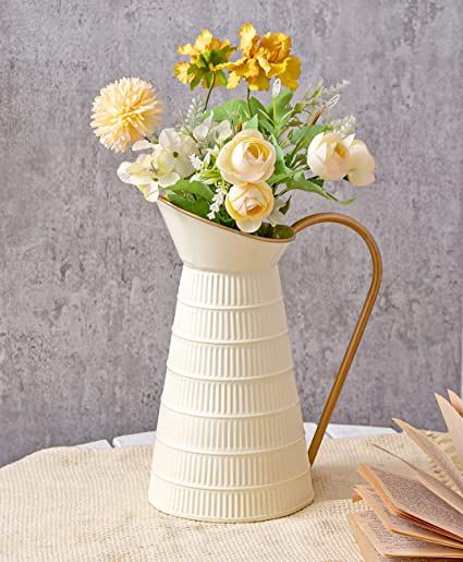 Elegant Cream White Metal Flower Jug Vase, Farmhouse Galvanized Pitcher Vase, Rustic Decorative Milk Jug for Flowers Milk Jug Vase, Shabby Chic Vases, Metal Pitcher, Gorgeous Centerpieces, Decor Shabby Chic, Jug Vase, Pitcher Vase, Metal Vase, Milk Cans