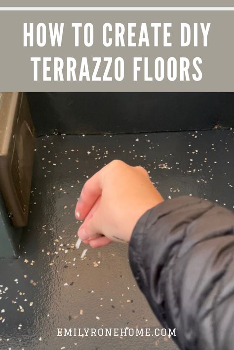 Faux Terrazo Floor, Terrazzo Floor Diy, Terrazo Painted Floor, Diy Cement Floor Makeover, Diy Terrazo Tiles, Terrazzo Paint Diy, Painting Laminate Floors Diy, Terrazzo Diy Concrete, Epoxy Terrazzo Floor