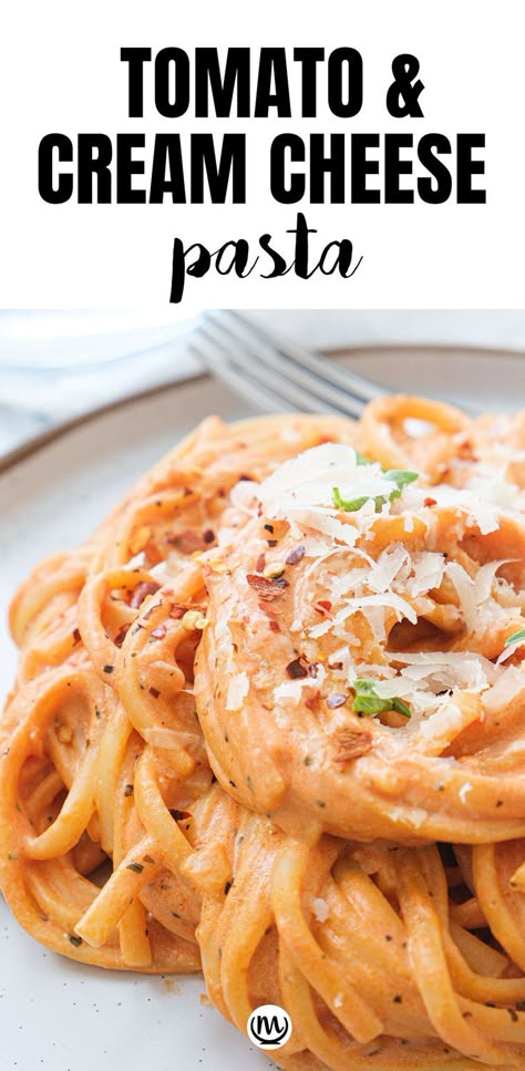 Close-up of a creamy tomato pasta. Pasta Sauce With Cream Cheese, Sauce With Cream Cheese, Easy Tomato Pasta Sauce, Easy Tomato Pasta, Cream Cheese Pasta, Creamy Tomato Pasta, Cream Cheese Recipe, Creamy Pasta Recipes, Quick Pasta