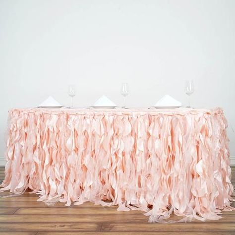 14FT Rose Gold | Blush Curly Willow Taffeta Table Skirt Table Skirts, Curly Willow, Bridal Table, Sophisticated Decor, Chic Table, Shower Centerpieces, Table Skirt, Curly Waves, Banquet Tables