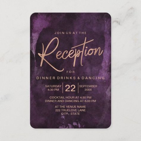 Dark Purple & Rose Gold Wedding Reception Invitation Rose Gold Wedding Reception, Dark Purple Wedding, Winter Wedding Reception, Dark Purple Roses, Gold Wedding Reception, Purple And Gold Wedding, Wedding Reception Cards, Wedding Return Address Labels, Reception Invitation