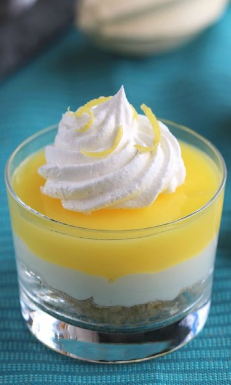 Lemon Supreme Dessert Lemon Dessert Cups Recipes, Mini Lemon Dessert Cups, Lemon Dessert Cups, Lemon Cups, Ramekin Recipes, Lemon Lasagna, Citrus Party, Shot Glass Desserts, Lemon Treats