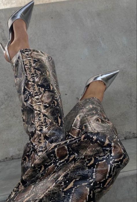 Snake Pants Outfit, Snake Print Outfit, Snake Pants, Metallic High Heels, Snake Print Pants, Winter Pants Outfit, Pleather Pants, 2024 Style, Animal Print Fashion