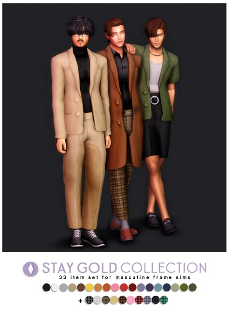 Stay Gold Collection Redux | nucrests on Patreon Ts4 Patreon, Masculine Clothing, Sims 4 Male Clothes, Sims Packs, Rich Clothes, Male Clothes, Sims 4 Characters, Sims 4 Mm, Sims4 Clothes