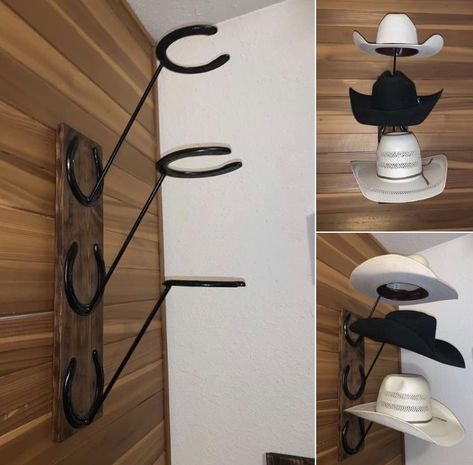 Cowboy Hat Rack, Horseshoe Crafts Projects, Welding Crafts, Wall Hats, Western Rooms, Horseshoe Projects, Clothes Closet Organization, Horse Diy, Hat Rack