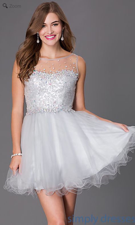 Short sleeveless dress with sheer and sequin bodice in silver Gaun Koktail, Dresses For Prom, Dama Dresses, Simply Dresses, Tulle Homecoming Dress, Prom Dresses 2018, Gaun Fashion, Junior Prom Dresses, Prom Dresses Sleeveless