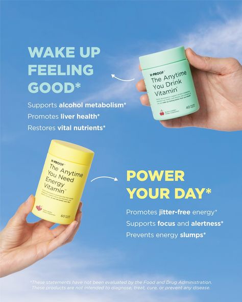 Made for important life moments 🤝 Vitamins with benefits you’ll feel⁠ ⁠ So, what exactly do our vitamins do? ⁠ ⁠ 🍷 Support your alcohol metabolism, liver health, and replenish vital nutrients with The Anytime You Drink Vitamin®⁠ ⁠ ☀️ And power your day with jitter-free energy, enhanced focus, and beat those energy slumps with The Anytime You Need Energy Vitamin™⁠ ⁠ Chewable and effective Vitamins you need. Pick up yours at h-proof.com 🔗 ⁠ #hproof #vitamins Medicine Ads Creative, Supplement Content Ideas, Health Supplements Creative Ads, Health Creative Ads, Vitamin Ads, Supplement Ads, Supplement Photography, Microbiome Recipes, Giveaway Design