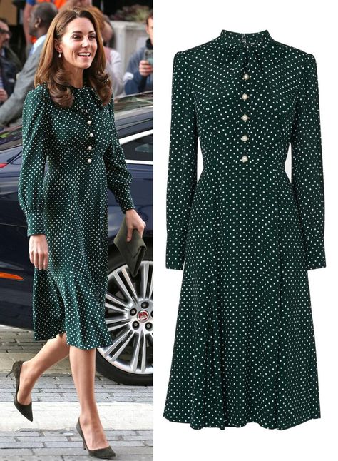 Classy Modest Dresses, Dot Dress Outfit, Tea Length Gown, Dress With Shoes, Green Polka Dot Dress, Dress Tea Length, Looks Kate Middleton, Kate Middleton Dress, Kate Middleton Outfits