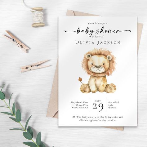 Simple Watercolor Safari Lion Baby Shower  Invitation Lion Baby Shower, Baby Lamb Baby Shower, Lion Safari, Lion Baby, Safari Baby Shower Invitations, Gender Neutral Baby Shower Invitations, Lion And Lamb, Simple Watercolor, Watercolor Baby Shower