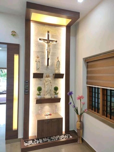 Home Altar Catholic, Altar Design, Catholic Decor, Temple Design For Home, Casa Country, Pooja Room Door Design, Pooja Room Design, Room Door Design, Home Altar