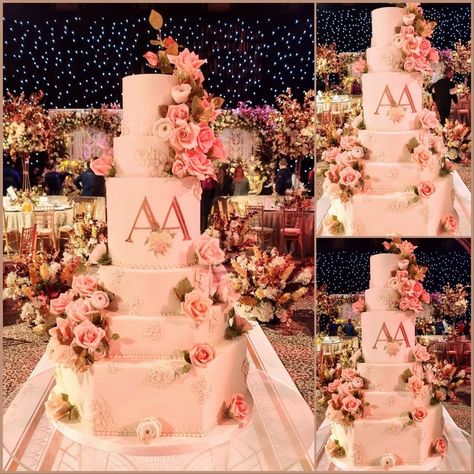 6 Tier Wedding Cake Elegant, 6 Tier Wedding Cake, 6 Tier Wedding Cakes, Painted Monogram, Hand Painted Monogram, Ivory Wedding Cake, Rose Gold Wedding Cakes, Monogram Wedding Cake, 20 Wedding Anniversary