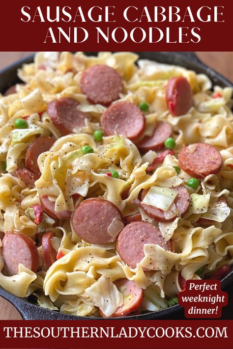 Cabbage With Noodles, New Year's Day Food, Sausage Noodles, Cabbage Noodles, Sausage Cabbage, Sausage And Cabbage, Recipe Cabbage, Cabin Food, Smoked Sausage Pasta