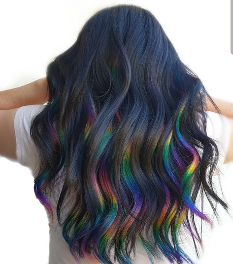 Subtle Rainbow Hair Brunette, Dark Brown Hair With Rainbow Highlights, Rainbow Holographic Hair, Hidden Rainbow Hair, Rainbow Hair Prism, Rainbow Reflection Hair, Hidden Hair Color, Oil Slick Hair, Peekaboo Hair Colors