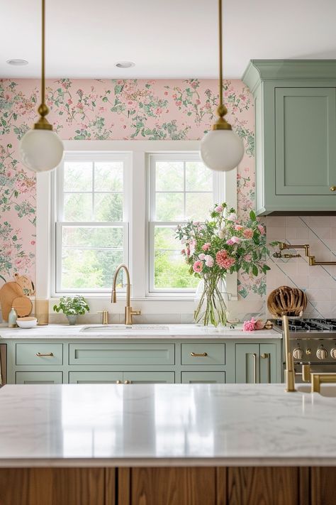 Lavender And Green Kitchen, Sage And Pink Kitchen, Pastel Cabinets, Aesthetic Kitchens, Pretty Dollhouse, Green Kitchen Cabinet, Best Patio Furniture, Lavender Kitchen, Maximalist Kitchen