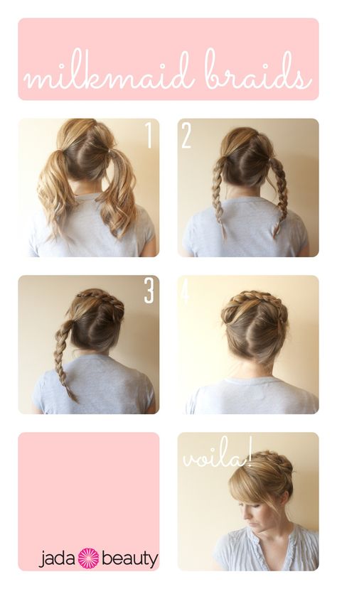 Milkmaid braids, click for #tutorial #diy Milk Maid Braids Short Hair, Milkmaid Braids Short Hair, Milkmaid Braid Short Hair, Milkmaid Braid Tutorial, Zoella Hair, Braids Easy, Braids Tutorial, Milkmaid Braid, A Bob