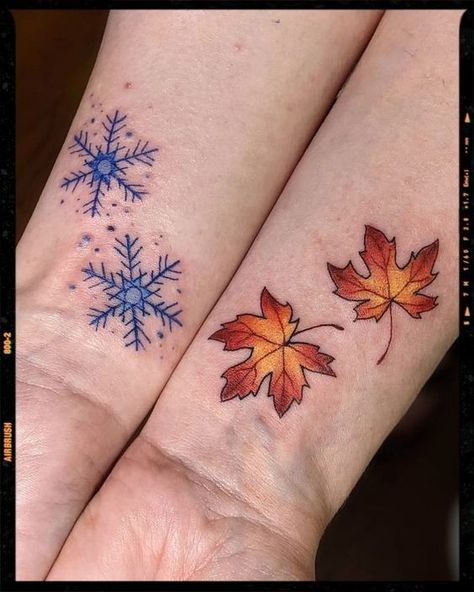 Autumn Tatoos Fall, Leaf And Snowflake Tattoo, Fall Tattoo Sleeve Autumn Leaves, Fall And Winter Tattoo, Fall Time Tattoos, Fall Season Tattoo, Fall Leave Tattoos, Winter Tattoos For Women, Autumn Tattoos For Women