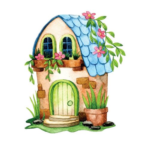 cute flower house, watercolor drawing with fairy house in flower garden Fairy House Drawing Cottages, Fairy House Drawing, House Tattoo, House Watercolor, Watercolour Ideas, Flower House, Art Stone, Home Tattoo, Cute Fairy