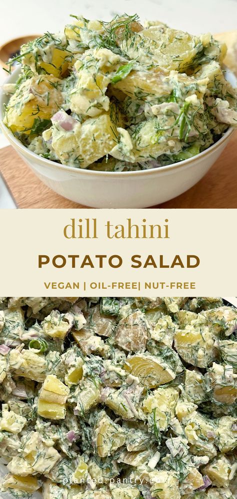 This vegan Dill Potato Salad is the perfect fresh side dish. It's packed with flavor and completely oil-free and gluten-free, too. Tahini Potato Salad, Wfpb Potluck Recipes, Vegan Potato Salad No Mayo, Cream Cheese Potato Salad, Vegan Potato Side Dishes, Asian Potato Salad, Easy Vegan Potluck Recipes, Dairy Free Salad, Paleo Potato Salad