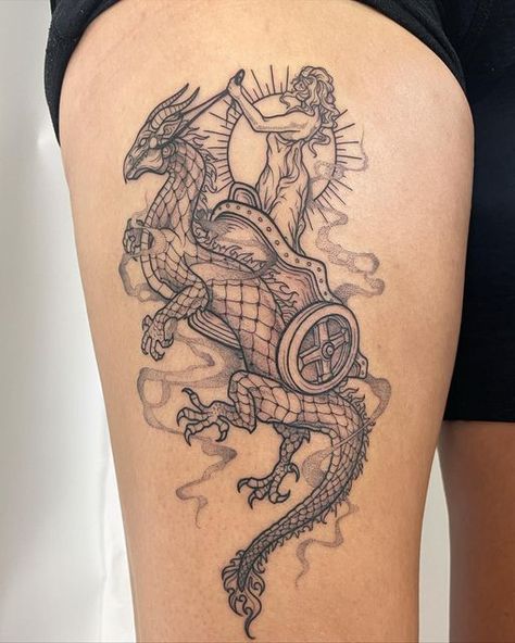 Greek Dragon Tattoo, Medea Tattoo, Chariot Tattoo, Helios Tattoo, Egyptian Tattoos, Brooklyn Tattoo, Nyc Tattoo, Greek Mythology Tattoos, God Tattoos