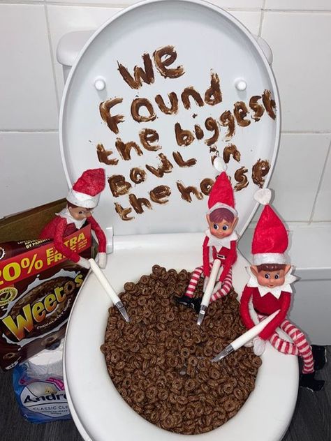 Elf On The Shelf Toilet Cereal Bowl, Elf On The Shelf Toilet Bowl Cereal, Elf Cereal In Toilet, Elf On The Shelf Ideas Cereal, Elf Cereal, Elf On The Shelf Toilet, Shelf Toilet, Eating Cereal, Elf Activities