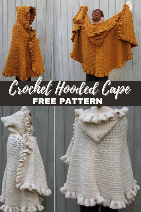 Crochet Halloween Costume Patterns Free, Hood Hat Crochet, Crochet Hooded Cape, Cape Crochet, Crochet Cape, Crochet Ruffle, Diy Vetement, Crochet Design Pattern, Crochet Clothes For Women