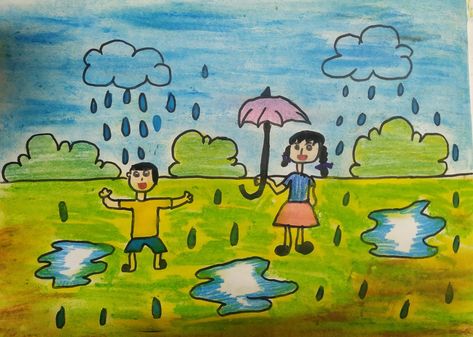 Easy Rainy day drawing for kids Rainy Day Drawing For Kids, Rainy Day Drawing Easy, Rainy Day Scenery, Mewarnai Tk, Scenery For Kids, Bible Emoji, Day Scenery, Rainy Day Drawing, Diy Crafts For School