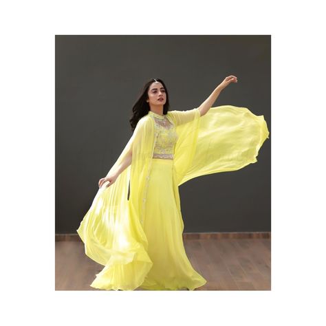 Namitha Pramod, Wedding Matching Outfits, Pleated Lehenga, Yellow Dress Outfit, Cape Lehenga, Engagement Dress For Bride, Fancy Sarees Party Wear, Yellow Outfit, Engagement Dresses